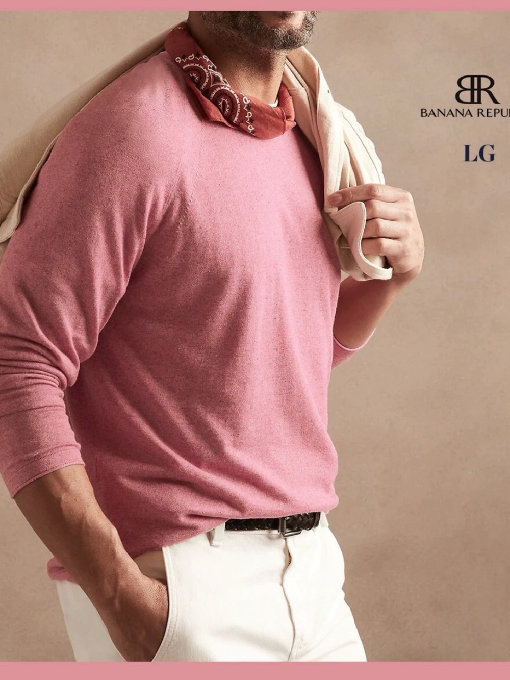 Banana Republic Men's Rose Pink Long-Sleeve Crewneck Shirt
